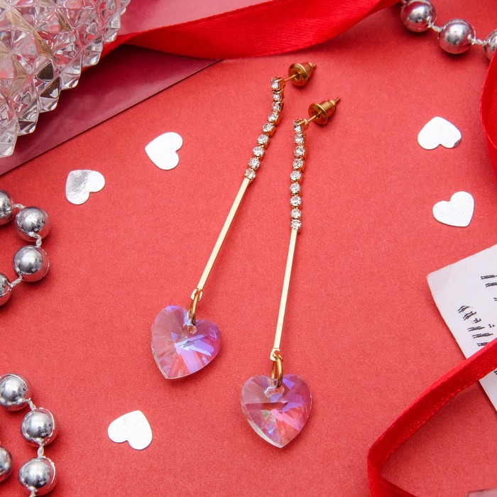 Серьги висячие со стразами "Сердце" северное сияние, цвет бело-радужный в золоте