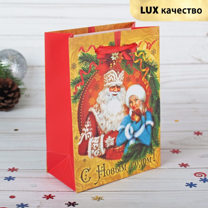 Пакет подарочный "Дед Мороз и Снегурочка", люкс, 11,5 х 6 х 16 см