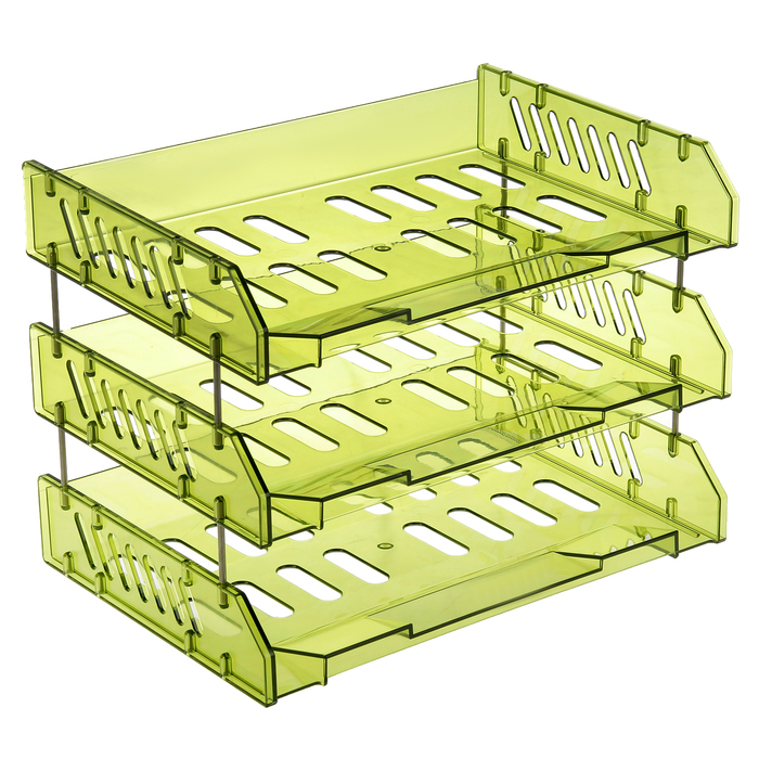 Набор лотков для бумаг горизонтальных с широкой загрузкой "Сити" 3 штуки, на металлических стержнях, зеленый ЛАЙМ