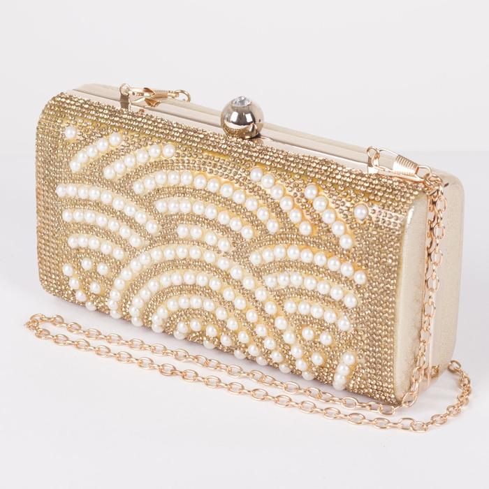 Клатч женский, отдел на фермуаре, длинная цепь, цвет золотой