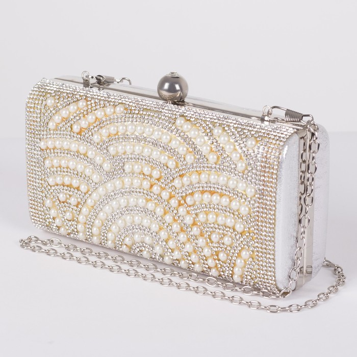 Клатч женский, отдел на фермуаре, длинная цепь, цвет серый