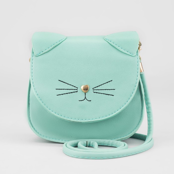 Сумка детская "Кошка", отдел на клапане, длинный ремень, цвет мятный