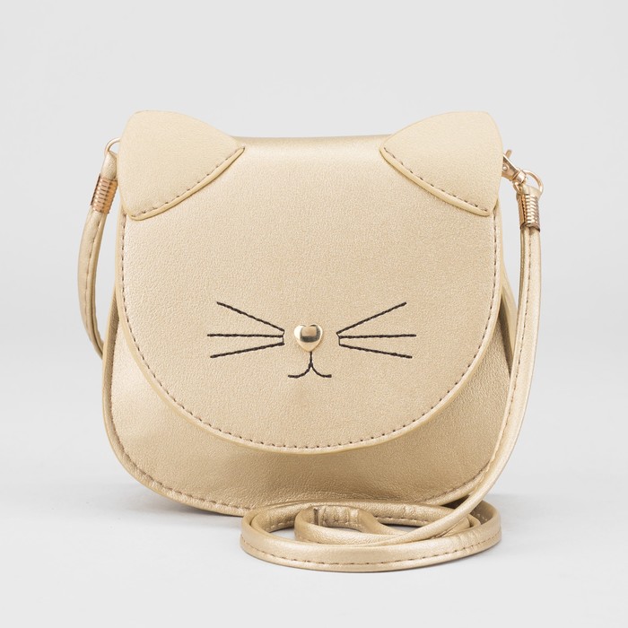 Сумка детская "Кошка", отдел на клапане, длинный ремень, цвет золотой
