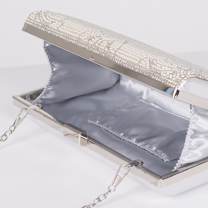 Клатч женский, отдел на фермуаре, длинная цепь, цвет серый