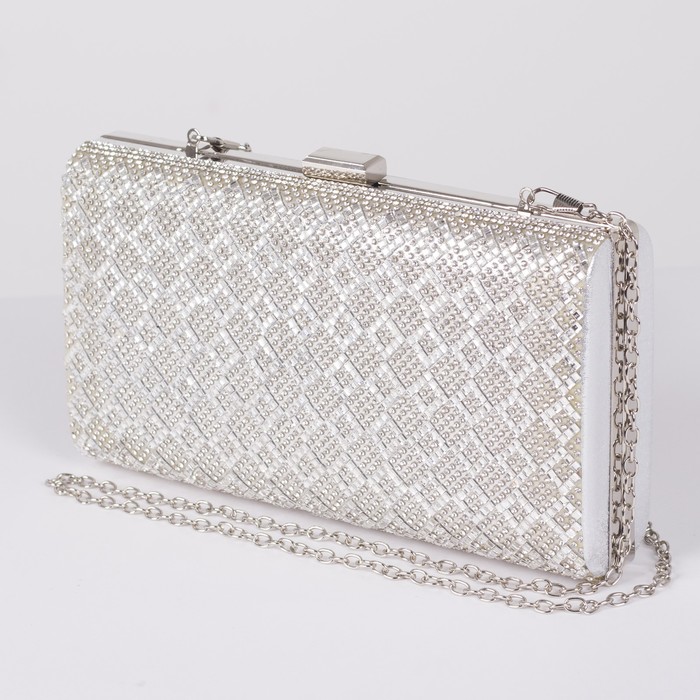 Клатч женский, отдел на фермуаре, длинная цепь, цвет серый