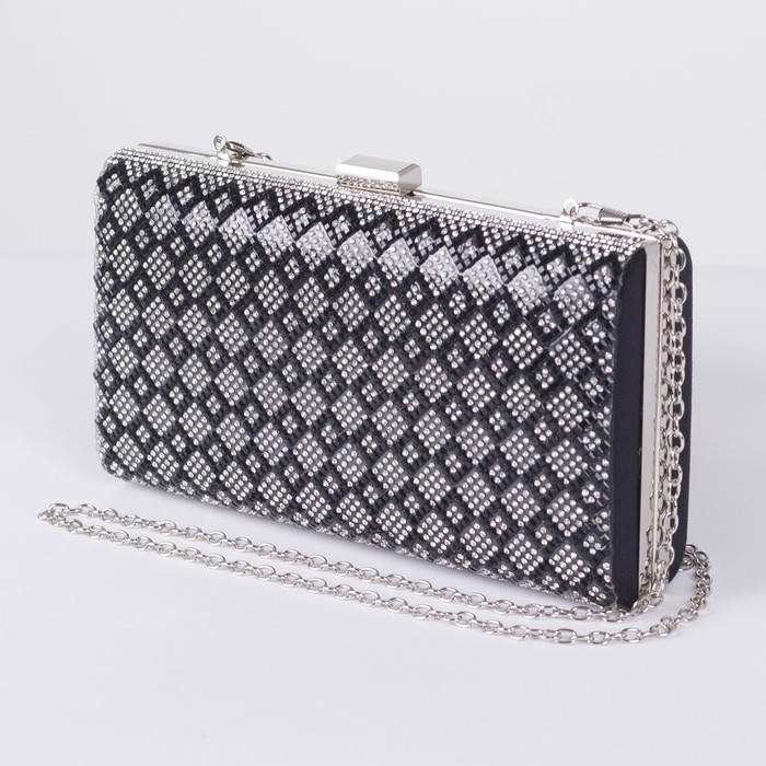 Клатч женский, отдел на фермуаре, длинная цепь, цвет чёрный
