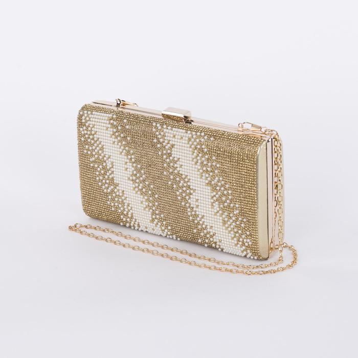 Клатч женский, отдел на фермуаре, длинная цепь, цвет золотой
