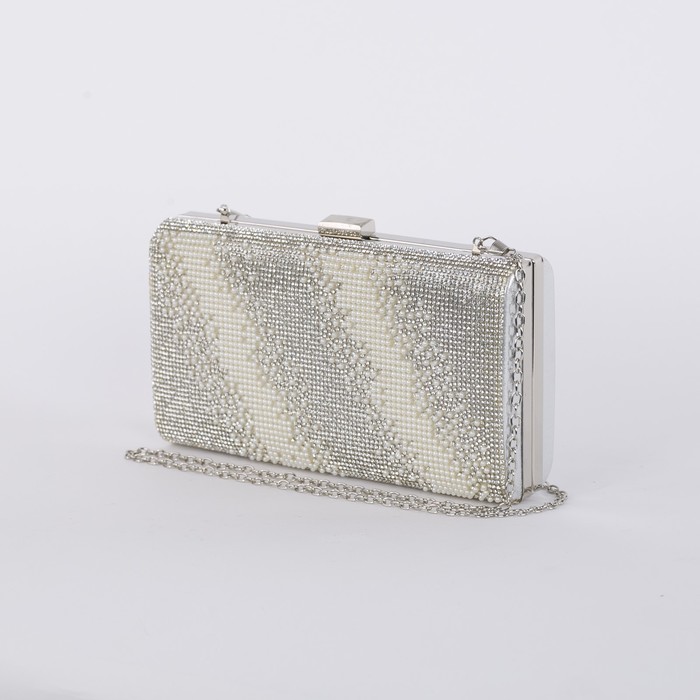 Клатч женский, отдел на фермуаре, длинная цепь, цвет серый