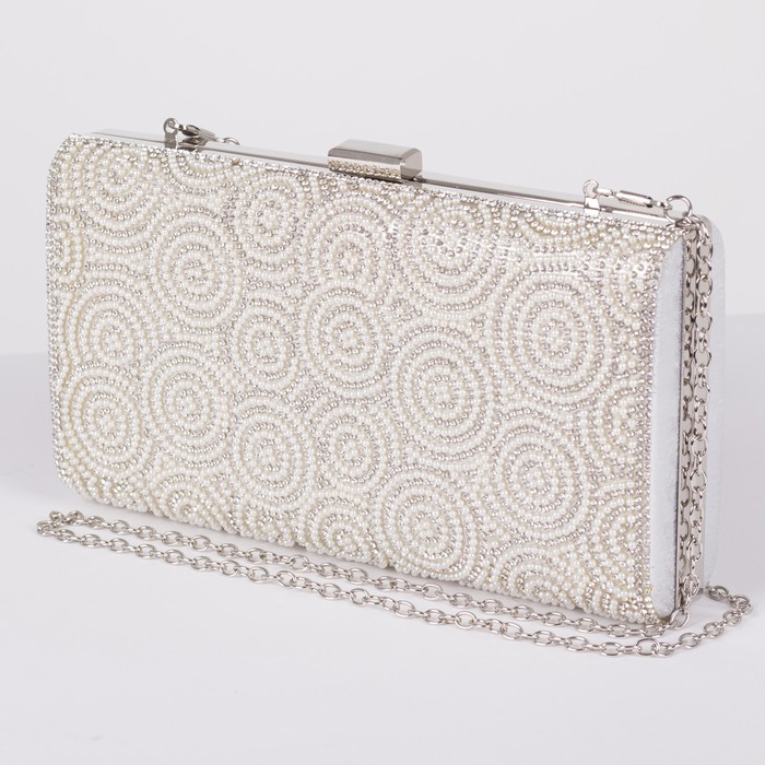 Клатч женский, отдел на фермуаре, длинная цепь, цвет серый