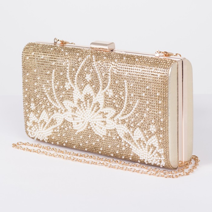 Клатч женский, отдел на фермуаре, длинная цепь, цвет золотой
