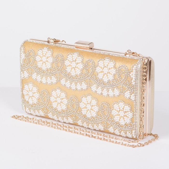 Клатч женский, отдел на фермуаре, длинная цепь, цвет золотой