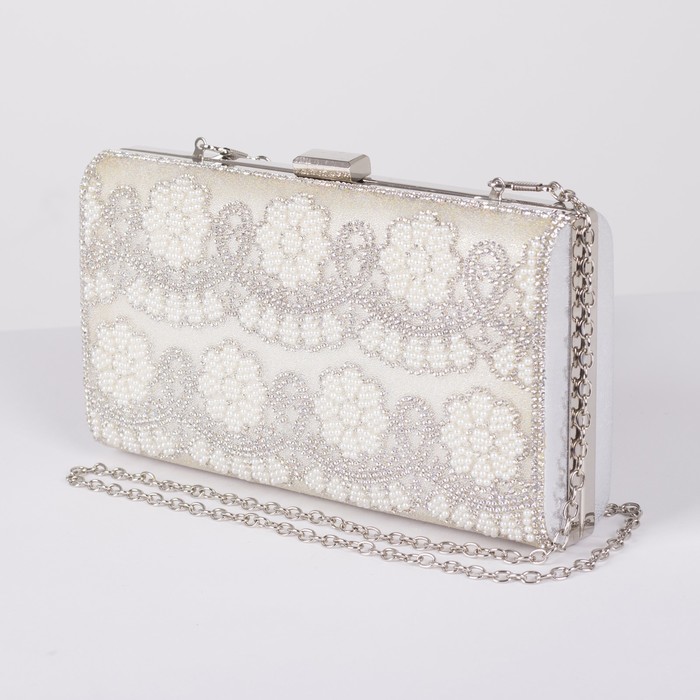 Клатч женский, отдел на фермуаре, длинная цепь, цвет серый