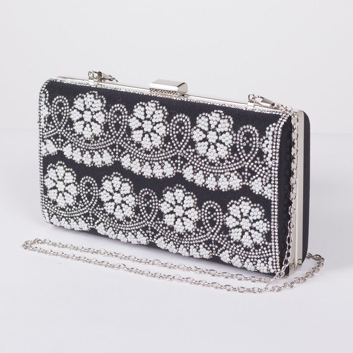 Клатч женский, отдел на фермуаре, длинная цепь, цвет чёрный