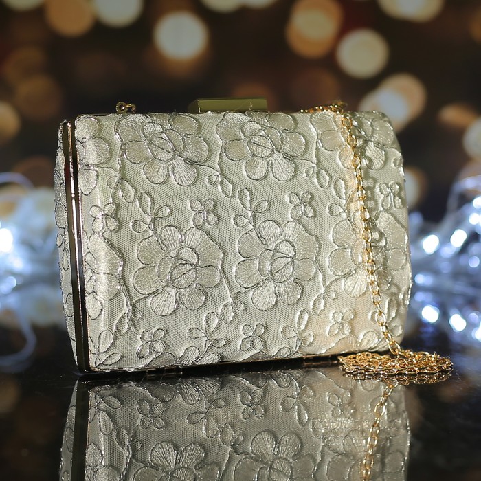 Клатч женский, отдел на фермуаре, длинная цепь, цвет серебристый