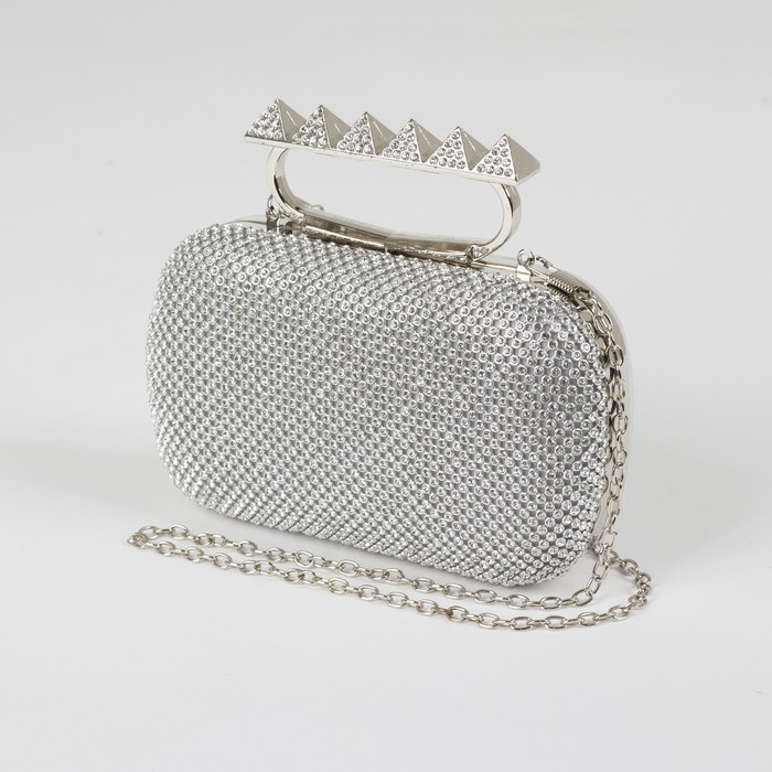 Клатч женский, отдел на фермуаре, длинная цепь, цвет серый