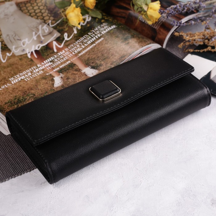 Кошелёк женский на клапане, 3 отдела, для карт, монет, цвет чёрный