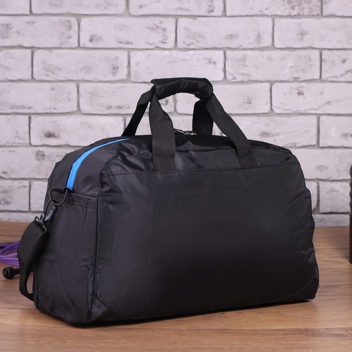 Сумка спорт Дэрик, 45*20*28, 1 отд на молнии, 3 н/кармана, длинн ремень, черный/голубой