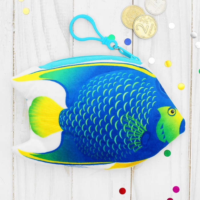 Кошелек мягкий "Рыбка" синяя с чешуйками, на карабине