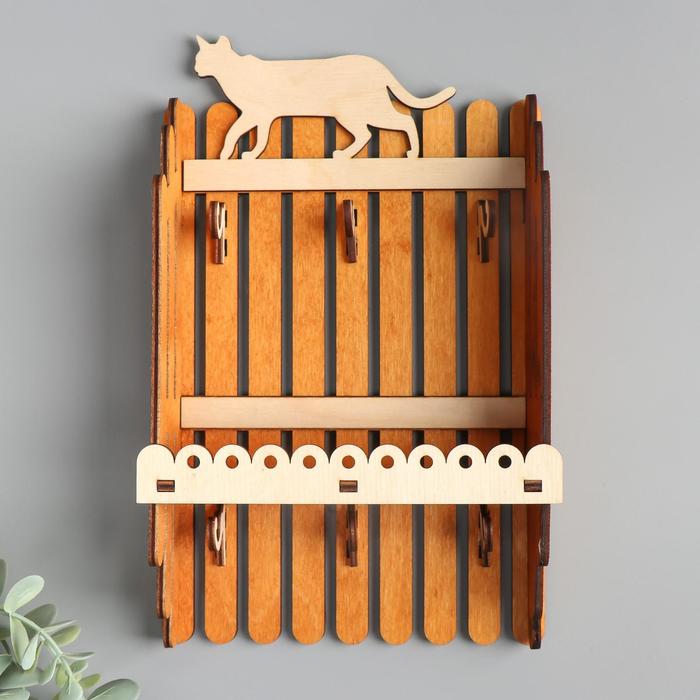 Ключница открытая дерево "Заборчик с кошкой" 17,5х6,5х25 см