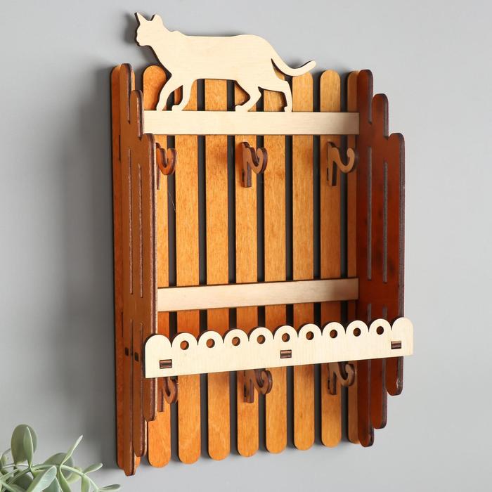 Ключница открытая дерево "Заборчик с кошкой" 17,5х6,5х25 см