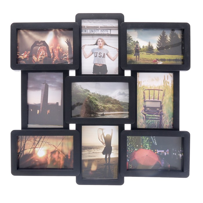 Фоторамка пластик на 9 фото 10х15 см "Плавные линии" чёрная 45х44 см