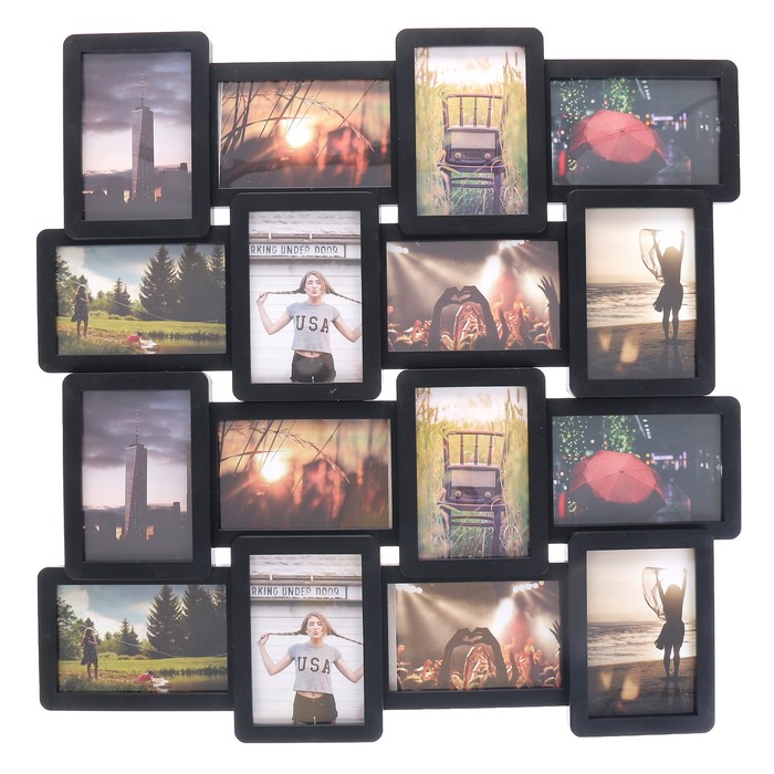 Фоторамка пластик на 16 фото 10х15 см "Плавные линии" чёрная 58х59 см