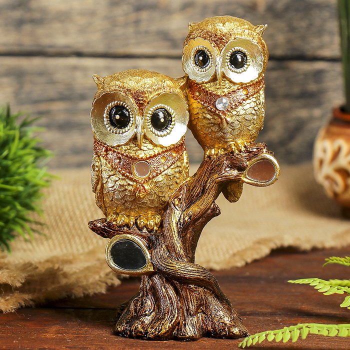Сувенир полистоун "Совята на дереве с зеркальными листьями" 15х9х5,3 см