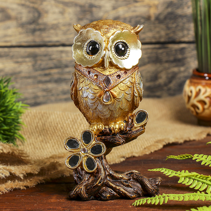 Сувенир полистоун "Совёнок на веточке с зеркальными листьями и цветком" 16,5х9х6 см