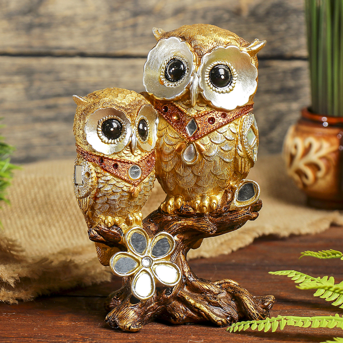 Сувенир полистоун "Сова с совёнком на дереве с зеркальн.листьями и цветком"16,5х10,5х6,3см