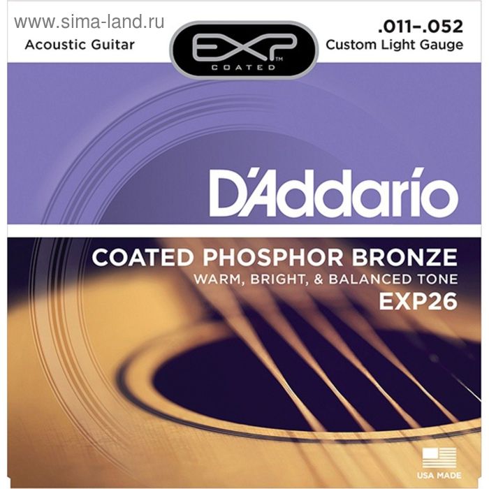 фото Струны для акустической гитары d`addario exp26 coated phosphor bronze custom light 11-52