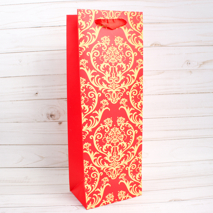 Пакет подарочный под бутылку "Золотой узор", 12 х 6 х 35 см
