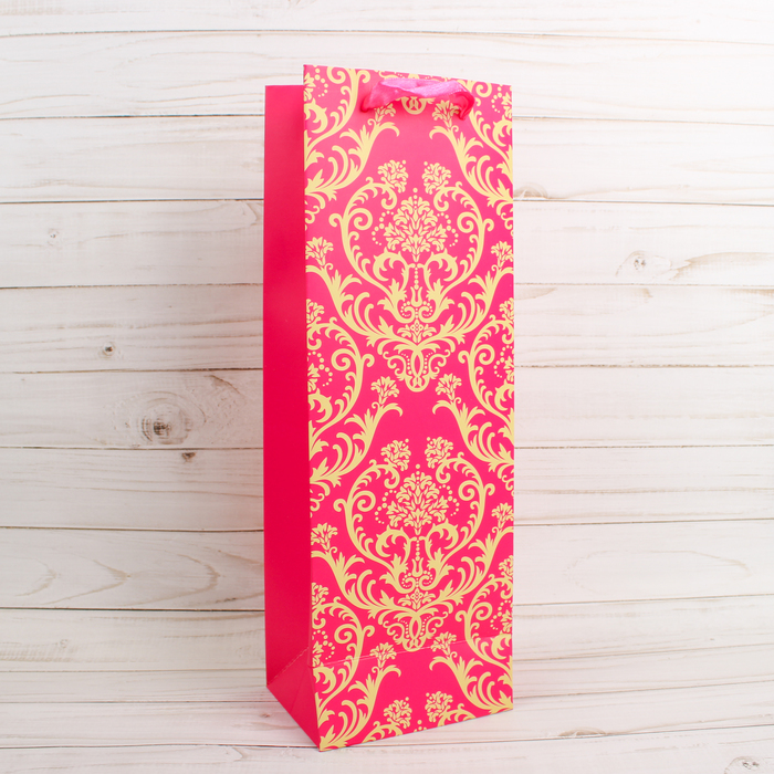 Пакет подарочный под бутылку "Золотой узор", 12 х 6 х 35 см