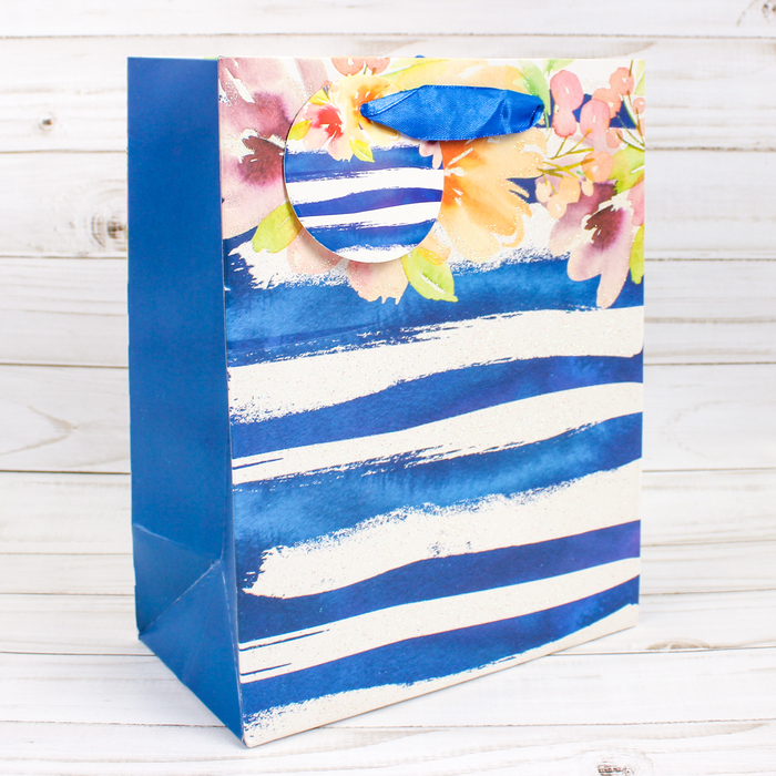 Пакет подарочный "Цветы", синий, люкс, 26 х 10 х 32 см