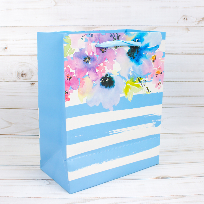 Пакет подарочный "Цветы", голубой, люкс, 26 х 10 х 32 см