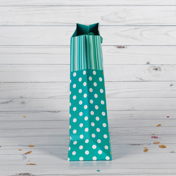 Пакет подарочный "Золотой горошек", цвет бирюзовый, люкс, 31 х 12 х 42 см