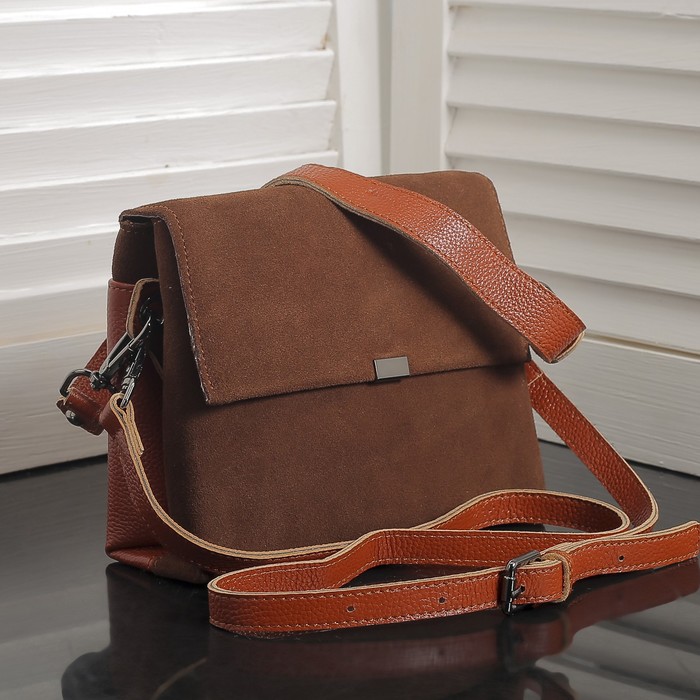 Сумка женская, замша, 2 отдела на молниях, наружный карман, длинный ремень, цвет рыжий