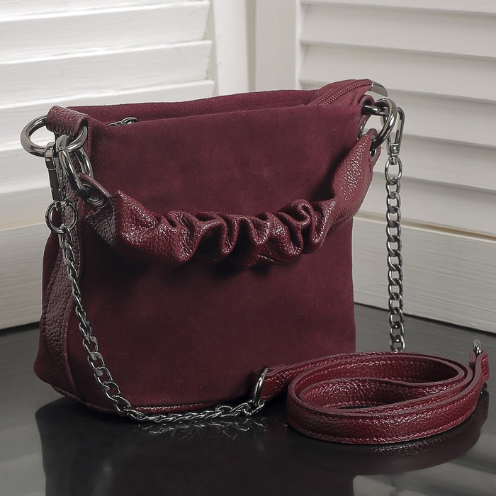 Сумка женская, замша, отдел на молнии, наружный карман, длинный ремень, цвет бордовый