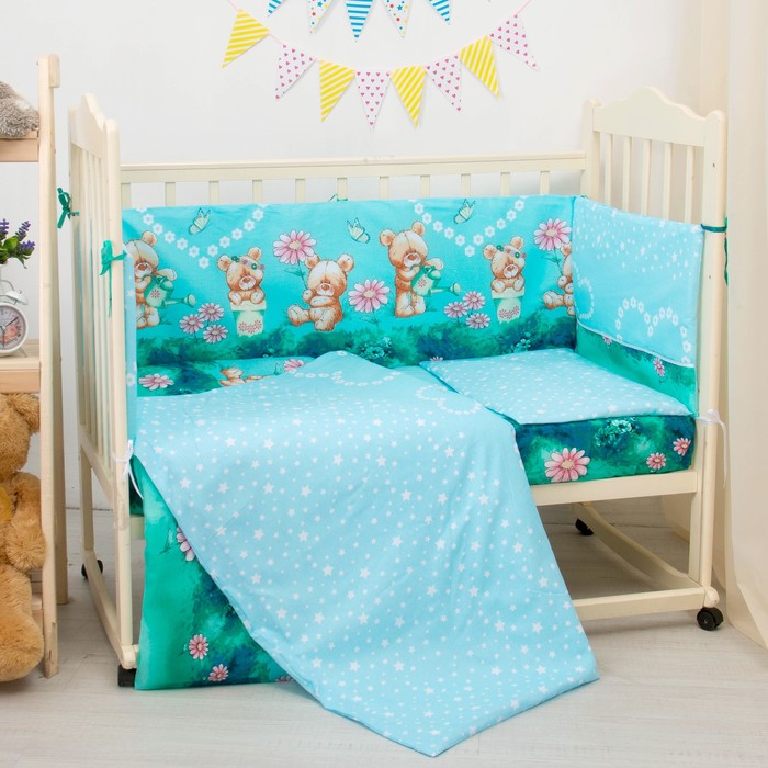 К-т в кровать Мишка с лейкой 6пр., голубой, бязь/аэрофайбер, 120г/м, хл100%