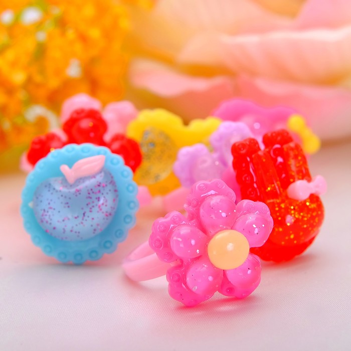 Кольцо детское "Выбражулька" с блестками, форма МИКС, цвет МИКС, фас 100 шт