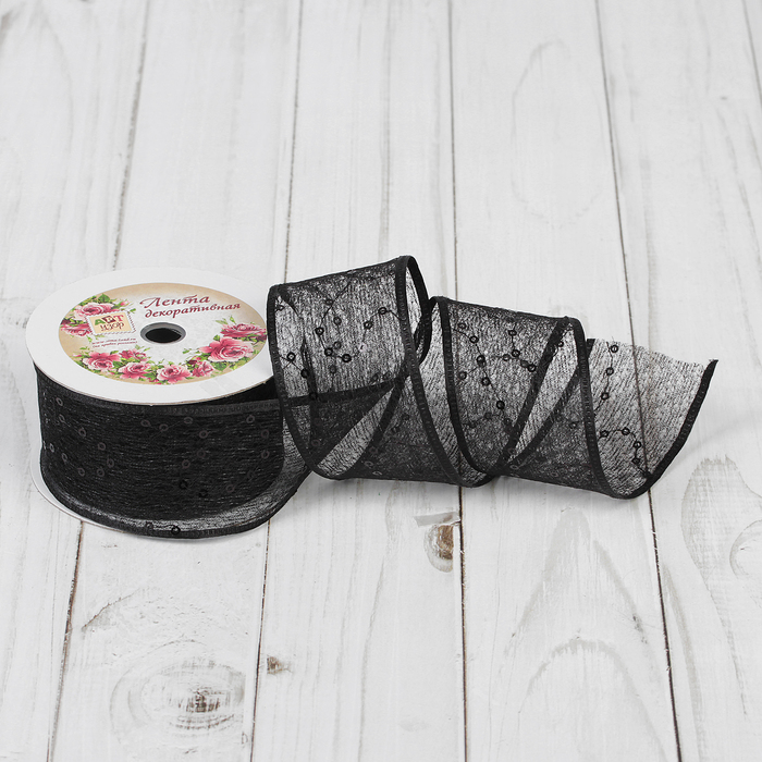 Лента декоративная "Пайетки", 40мм, 9±1м, №39, цвет чёрный