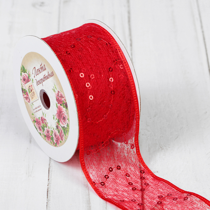 Лента декоративная "Пайетки", 40мм, 9±1м, №26, цвет красный