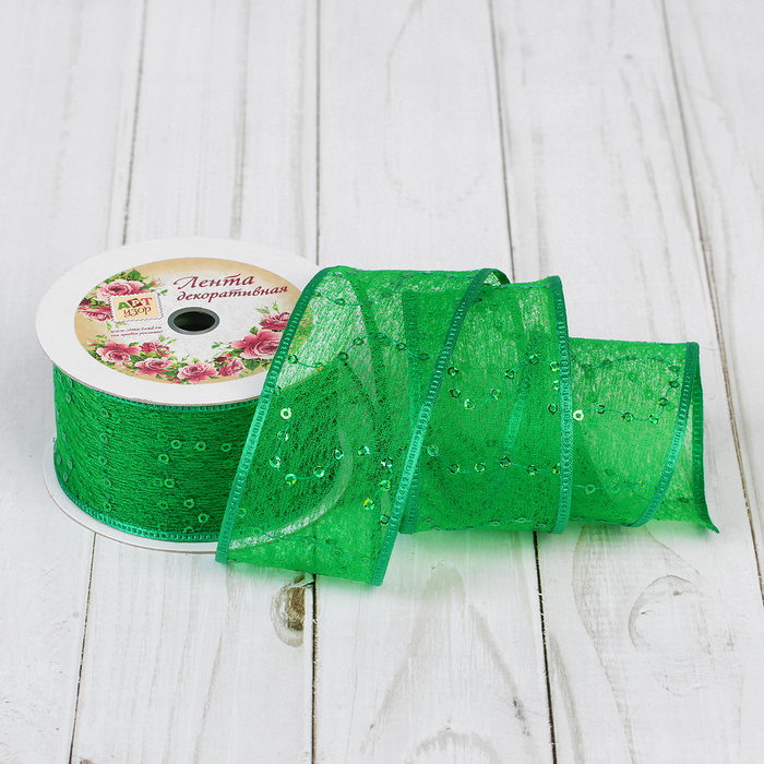 Лента декоративная "Пайетки", 40мм, 9±1м, №76, цвет зелёный