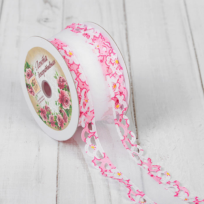 Лента декоративная "Кружево", 40мм, 9±1м, цвет розовый