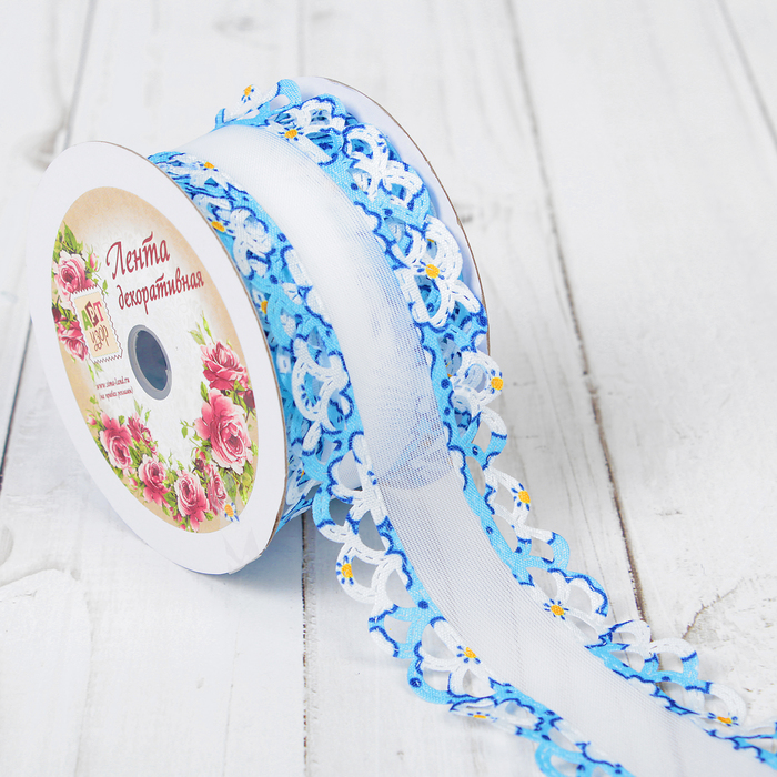 Лента декоративная "Кружево", 40мм, 9±1м, цвет голубой