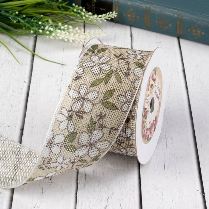 Лента декоративная "Цветы", рогожка, 50мм, 9±1м, цвет бежевый