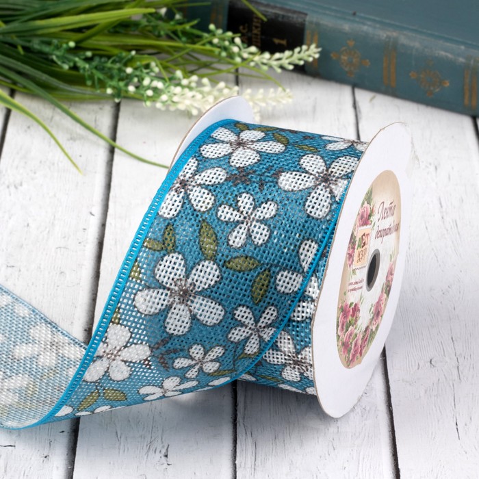 Лента декоративная "Цветы", рогожка, 50мм, 9±1м, цвет голубой