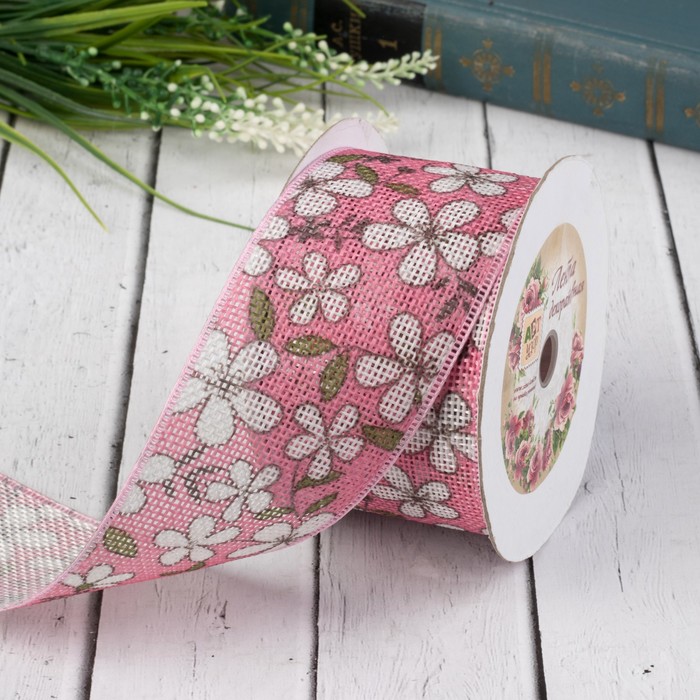 Лента декоративная "Цветы", рогожка, 50мм, 9±1м, цвет розовый