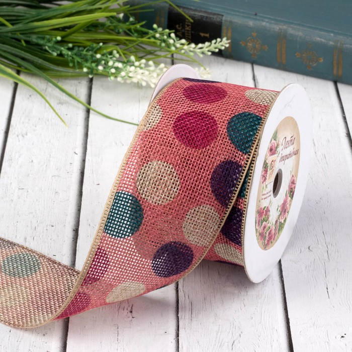 Лента декоративная "Горох", рогожка, 50мм, 9±1м, цвет розовый