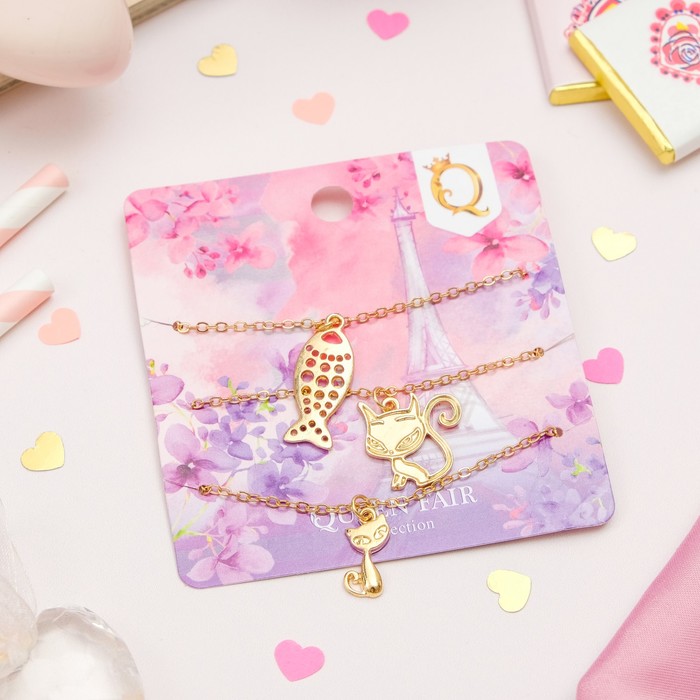 Браслет металл "Мульти" котик с рыбкой, (набор 3 штуки), цвет золото