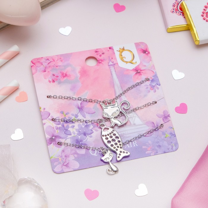 Браслет металл "Мульти" котик с рыбкой, (набор 3 штуки), цвет серебро